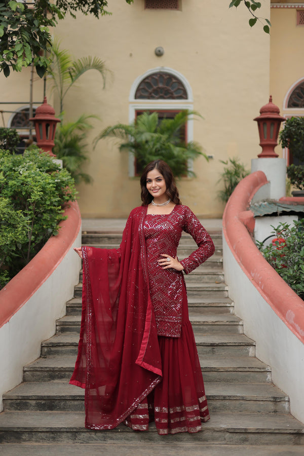 Maroon Color Faux Georgette Embroidered Sharara Suit