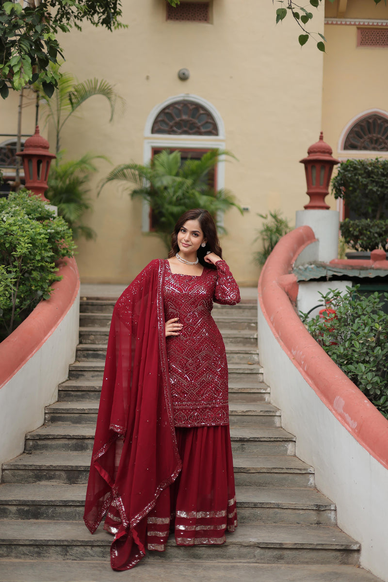 Maroon Color Faux Georgette Embroidered Sharara Suit