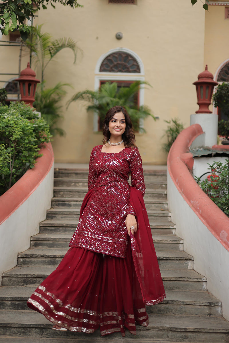 Maroon Color Faux Georgette Embroidered Sharara Suit