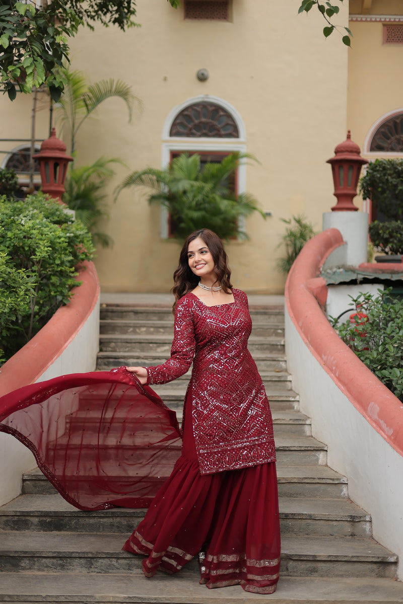 Maroon Color Faux Georgette Embroidered Sharara Suit