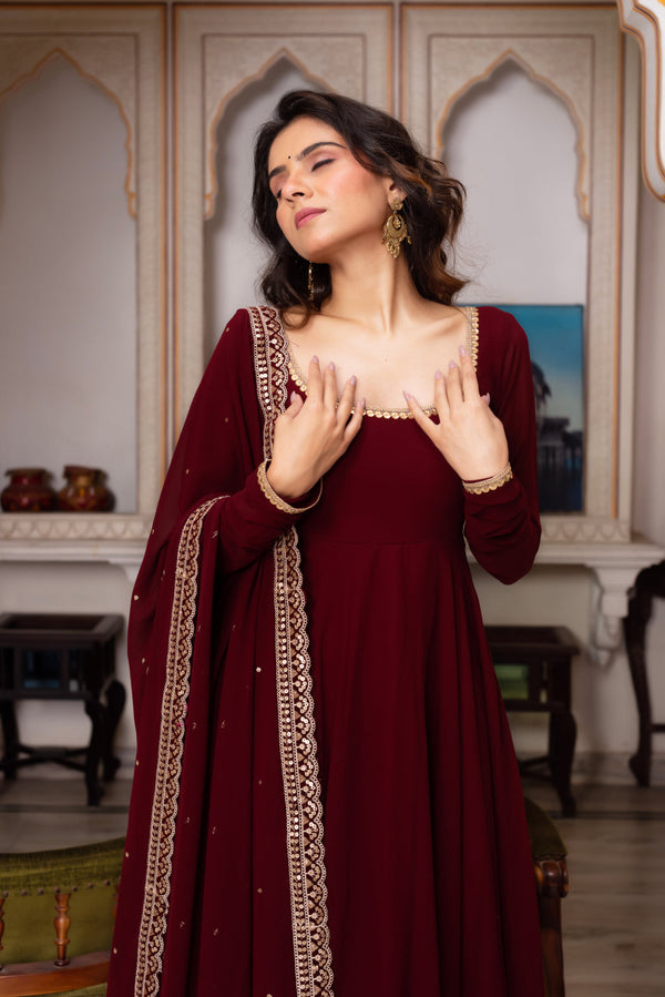 Maroon Color Faux Georgette Anarkali Suit Set