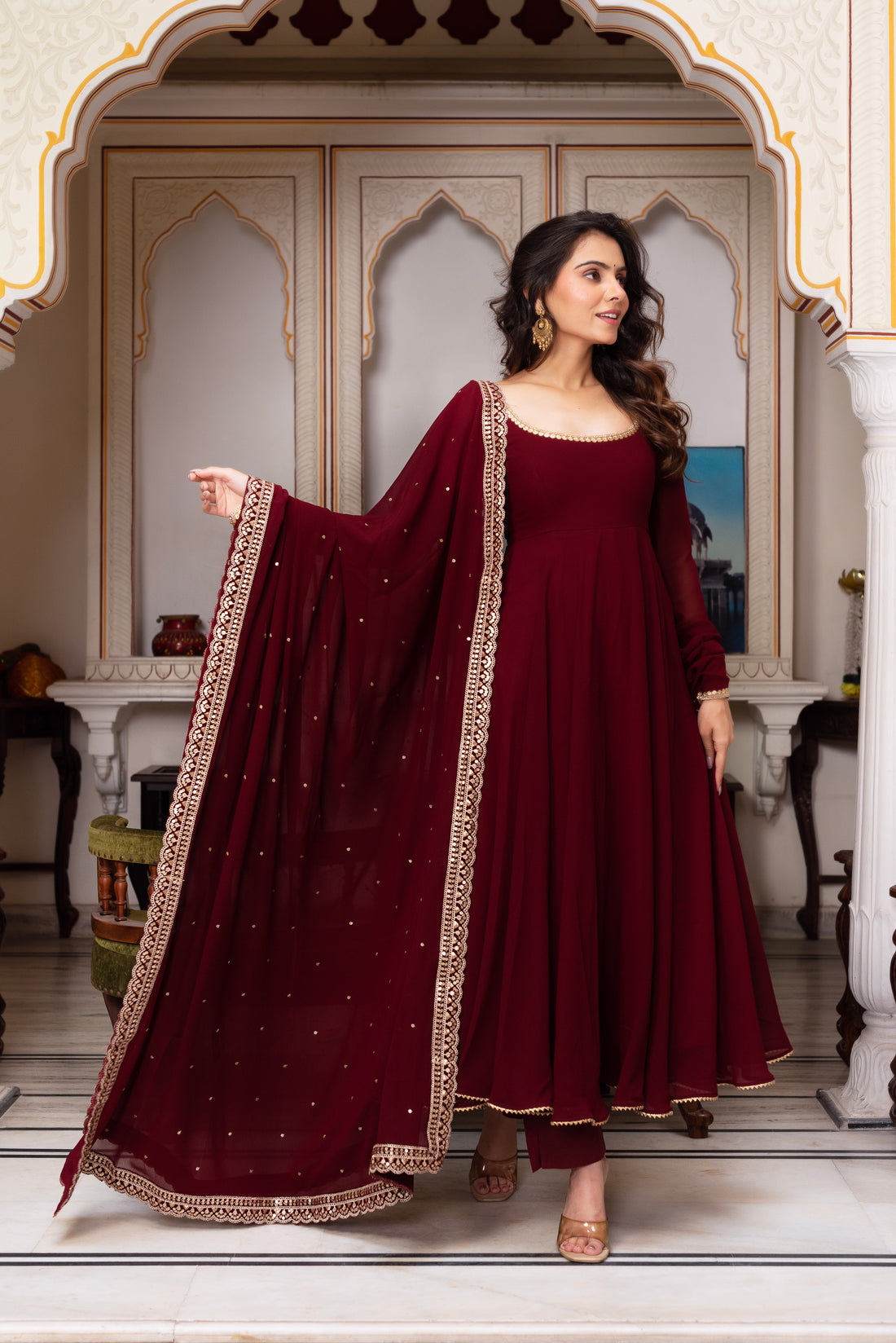 Maroon Faux Georgette Palazzo Suit