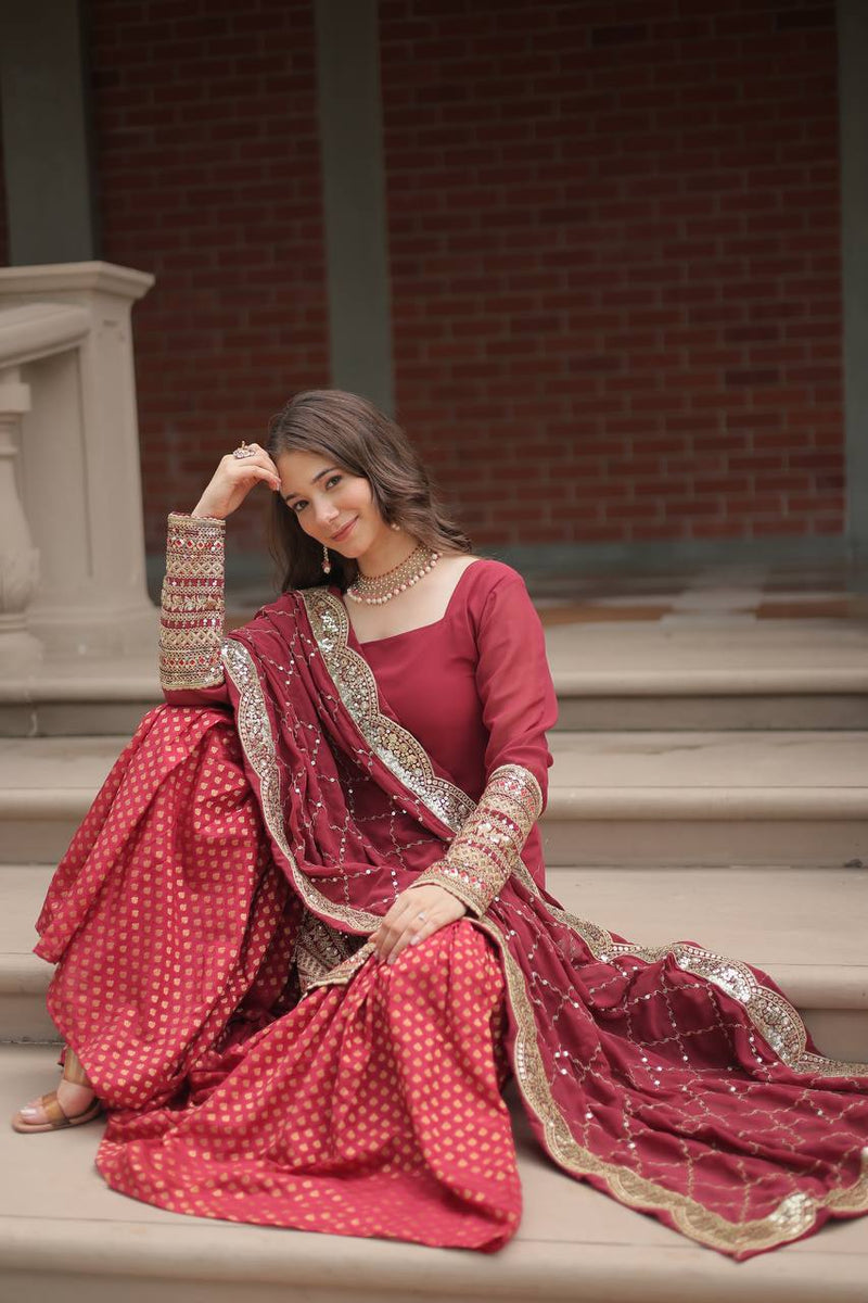 Maroon Color Georgette And Jacquard Sharara Suit