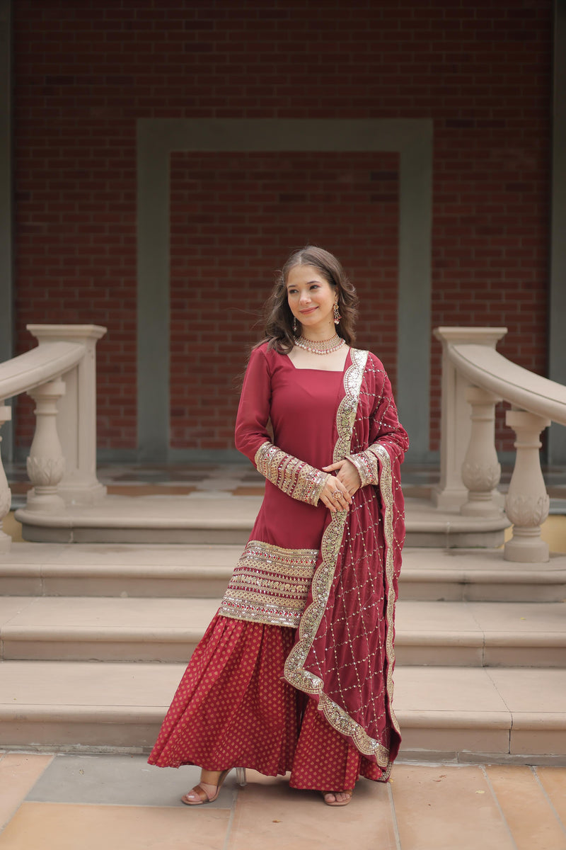 Maroon Color Georgette And Jacquard Sharara Suit