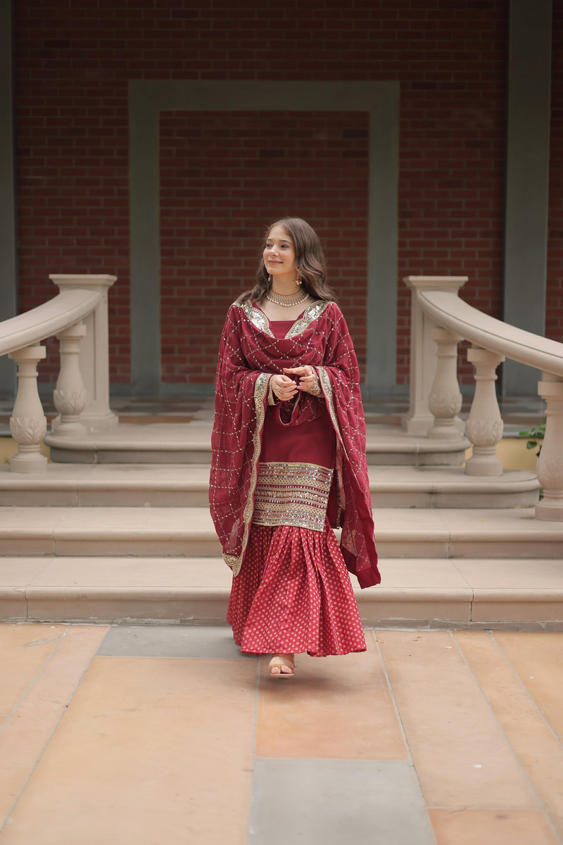 Maroon Color Georgette And Jacquard Sharara Suit