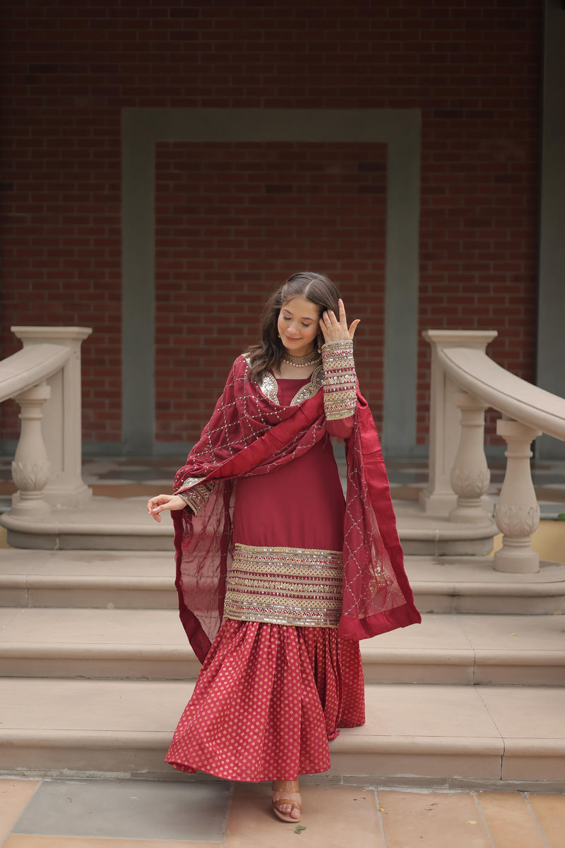 Maroon Color Georgette And Jacquard Sharara Suit