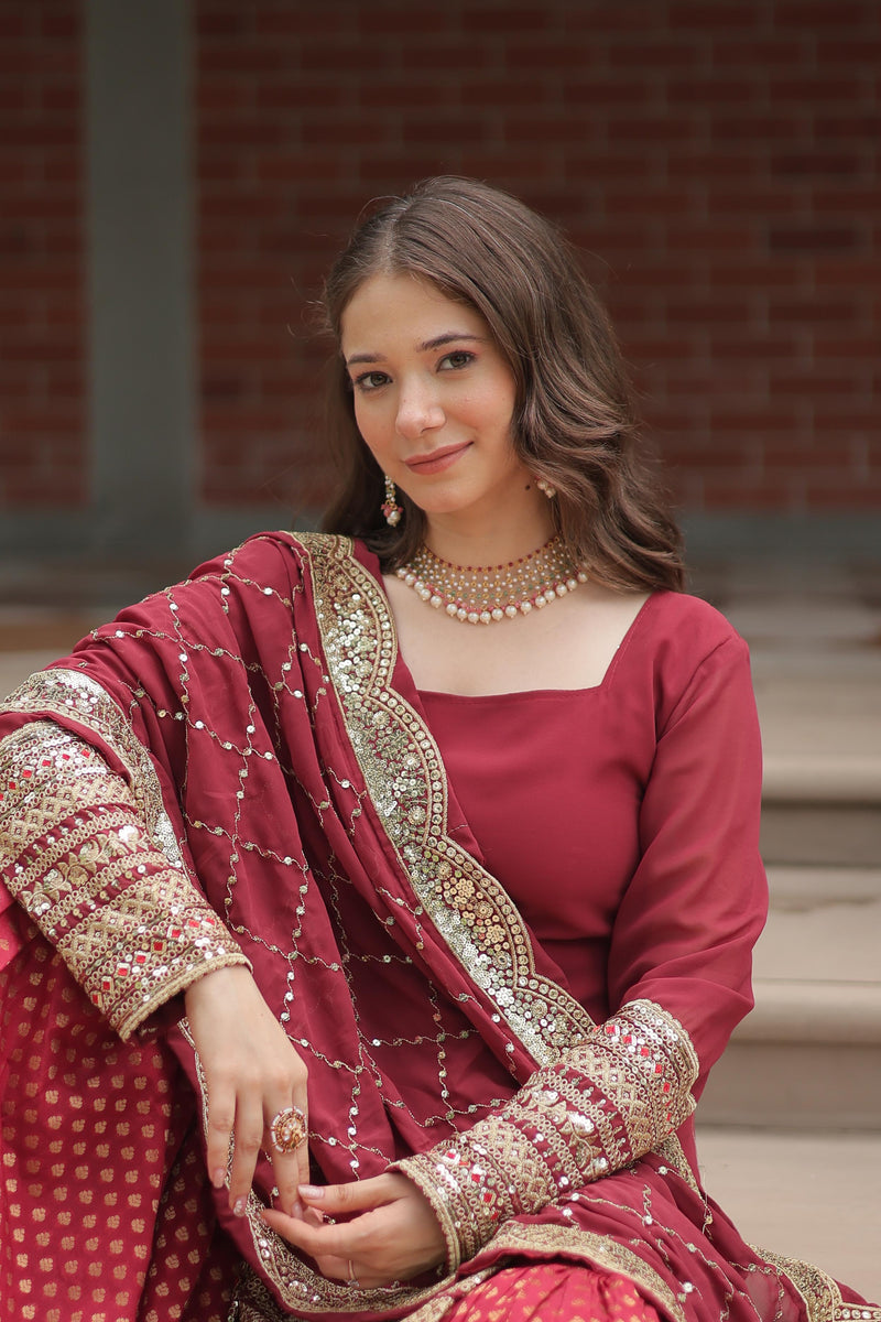 Maroon Color Georgette And Jacquard Sharara Suit