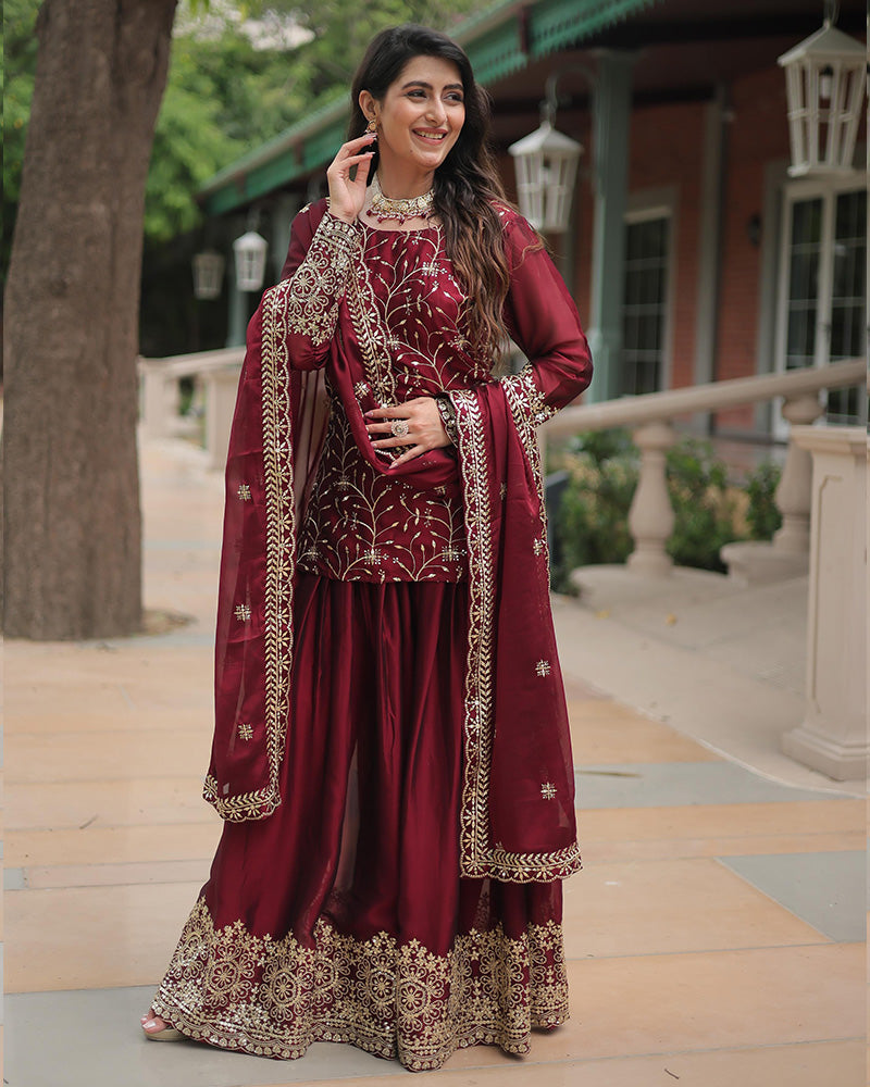 Maroon Color Rangoli Silk Embroidered Plazzo Suit