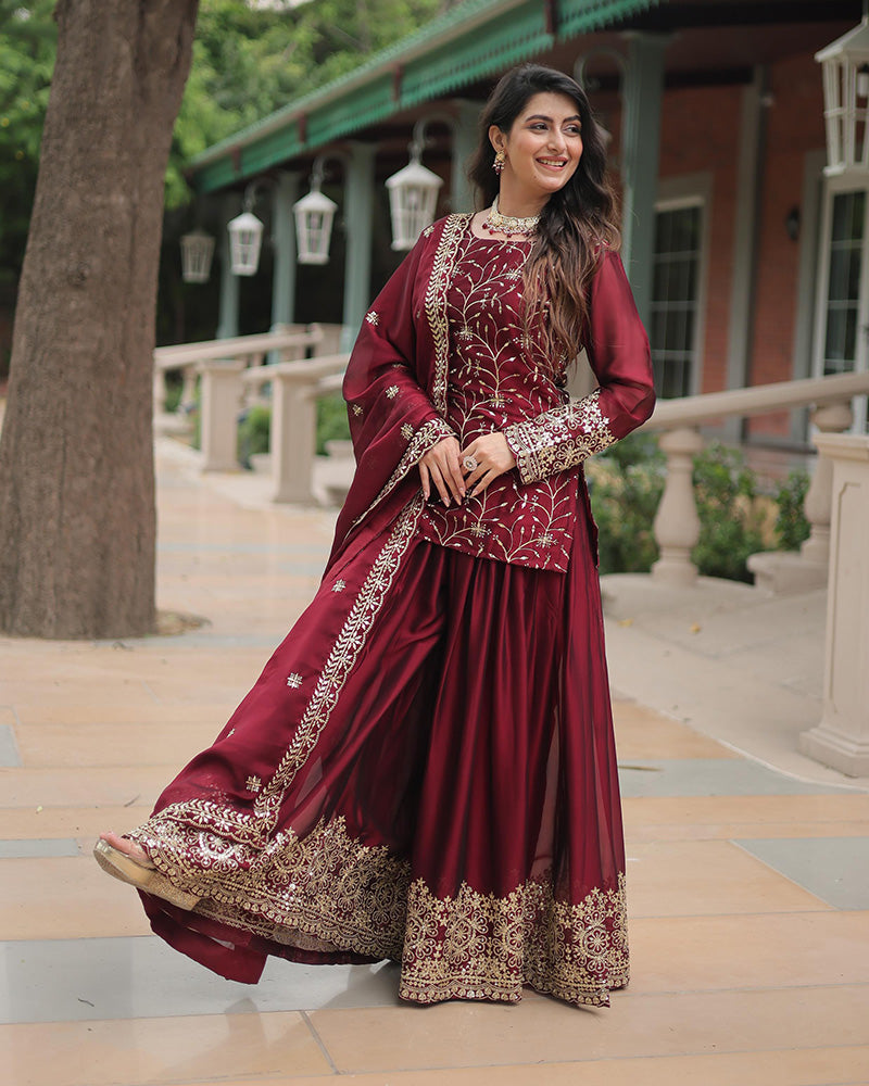 Maroon Color Rangoli Silk Embroidered Plazzo Suit