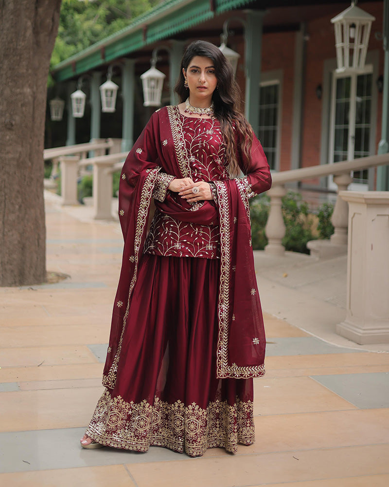 Maroon Color Rangoli Silk Embroidered Plazzo Suit