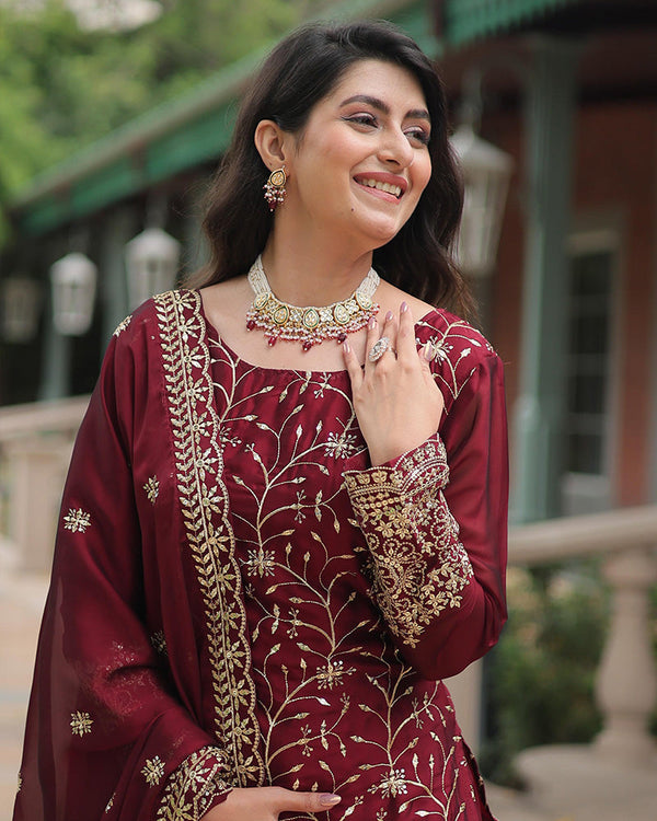 Maroon Color Rangoli Silk Embroidered Plazzo Suit