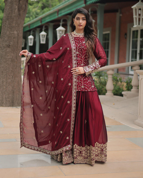 Maroon Color Rangoli Silk Embroidered Plazzo Suit