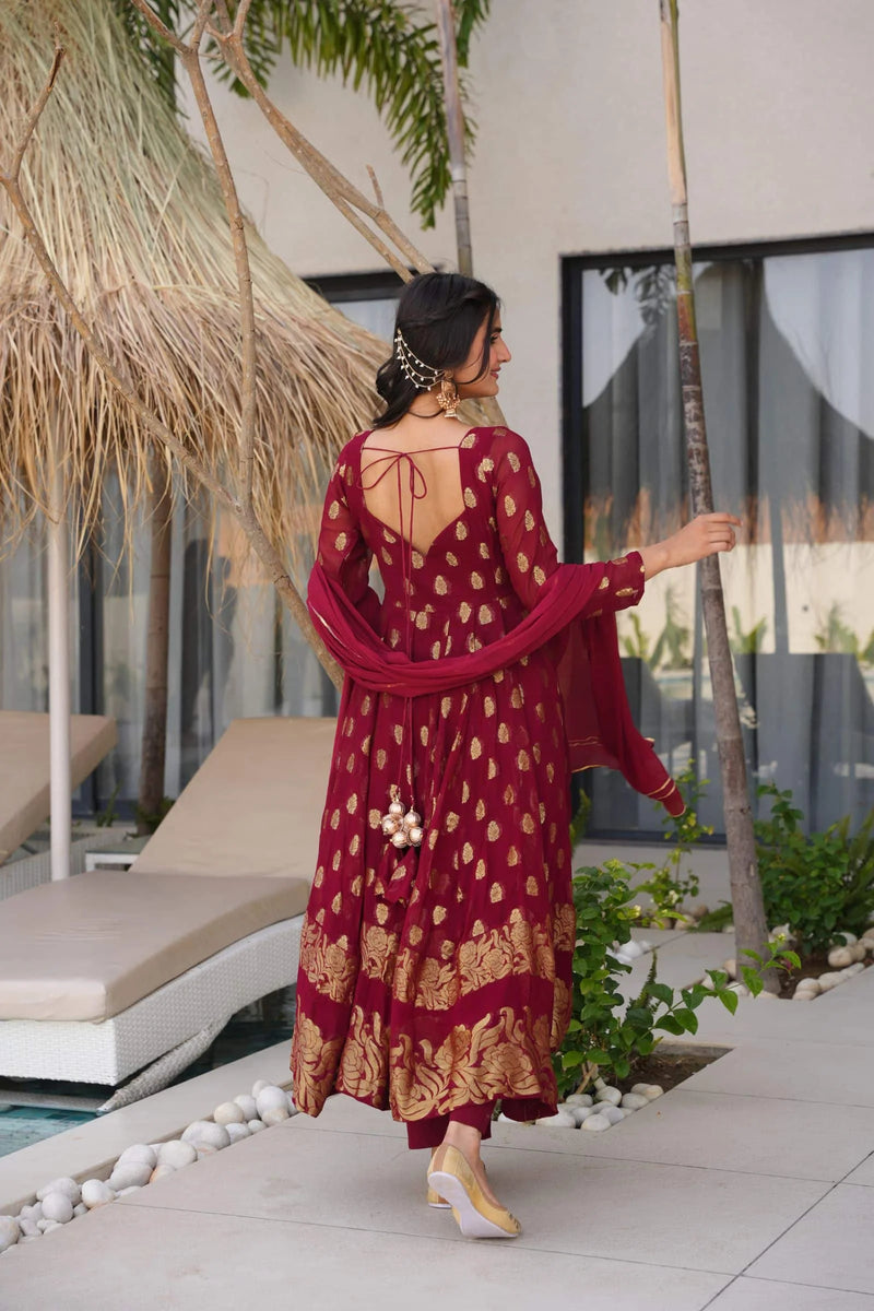 Traditional Maroon Anarkali Suit Set For Weddings And Special Occasions