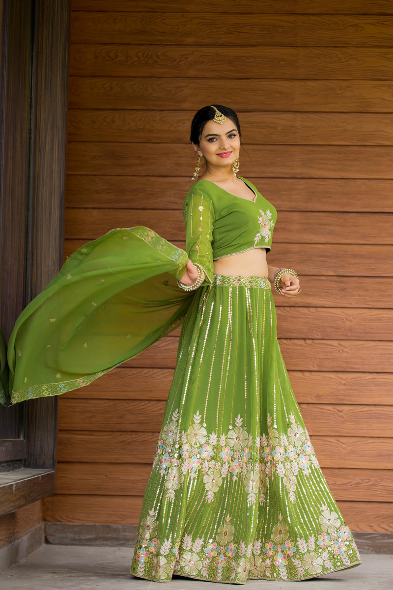 Wedding Wear Fox Georgette Green Color Lehenga Choli