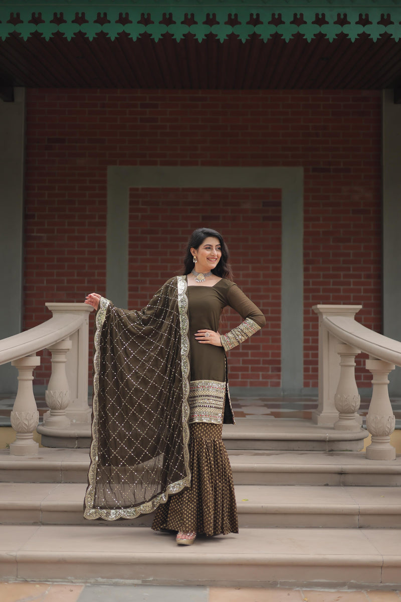 Mehndi Color Georgette And Jacquard Sharara Suit