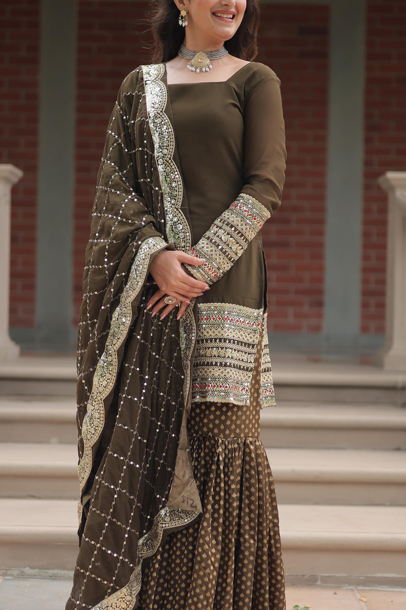 Mehndi Color Georgette And Jacquard Sharara Suit