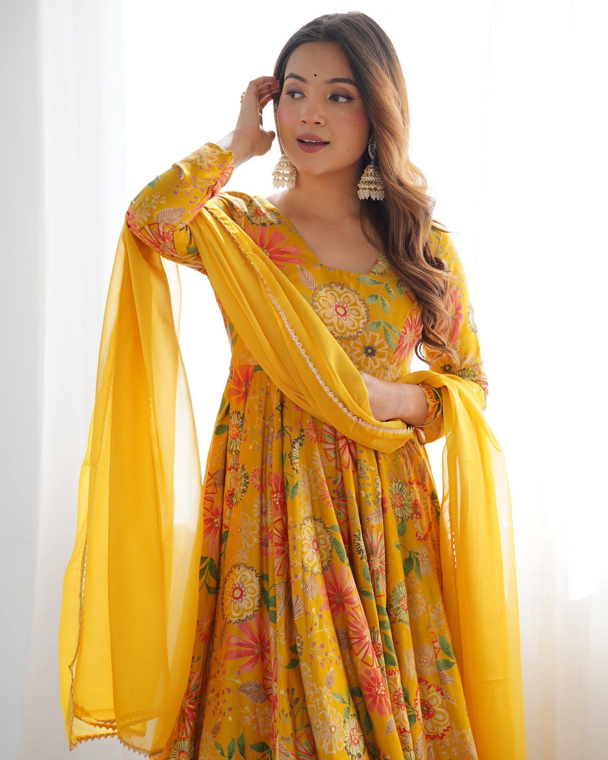 Mustard Color Raman silk Discharge Printed palazzo Suit