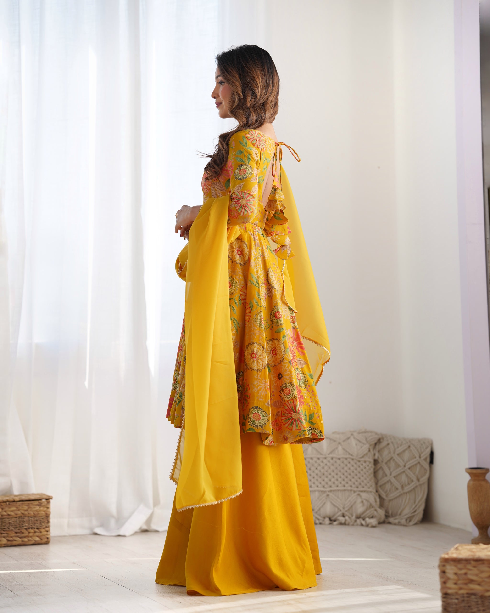 Mustard Color Raman silk Discharge Printed palazzo Suit