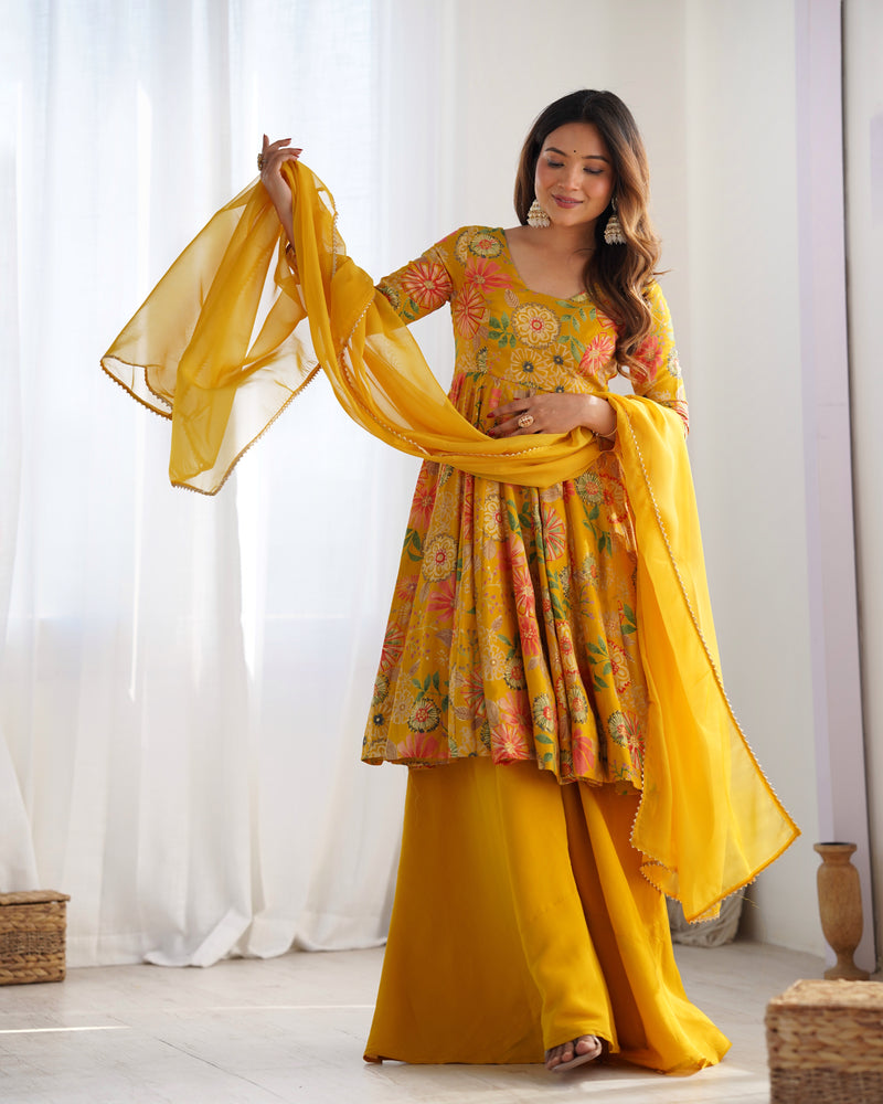 Mustard Color Raman silk Discharge Printed palazzo Suit