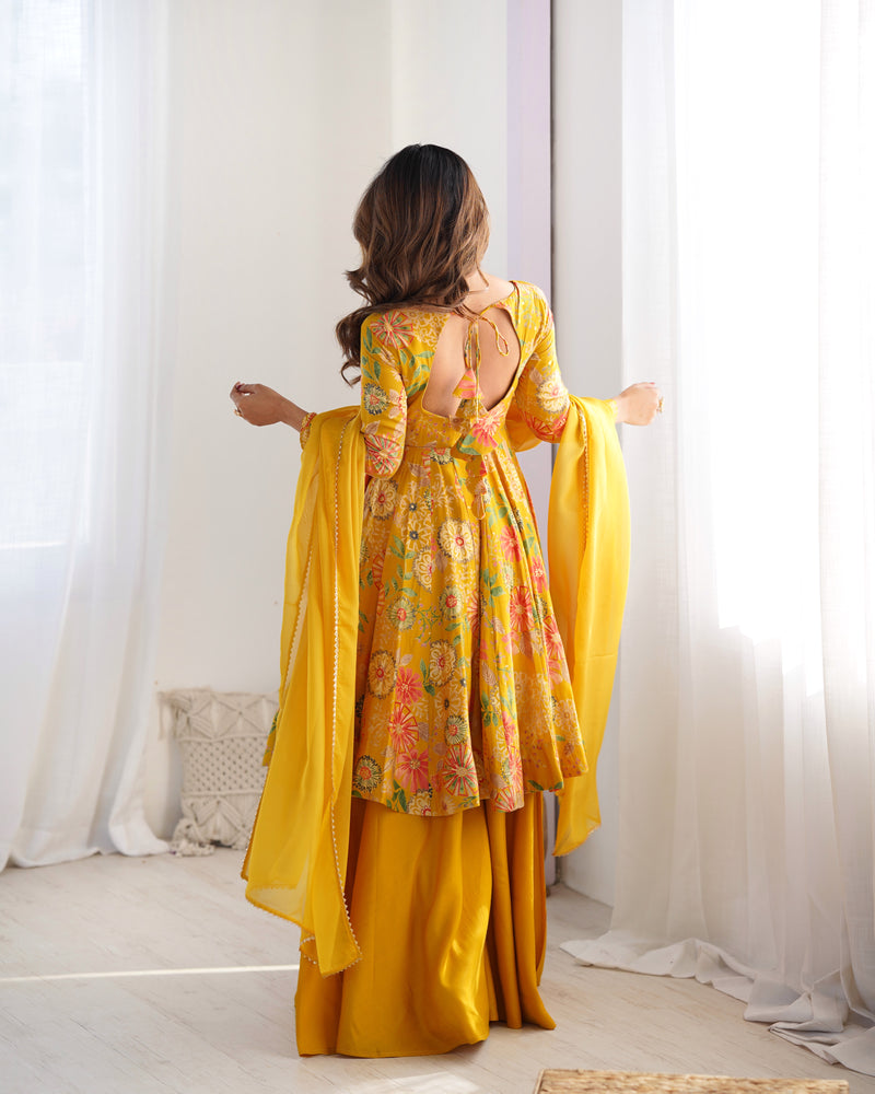 Mustard Color Raman silk Discharge Printed palazzo Suit