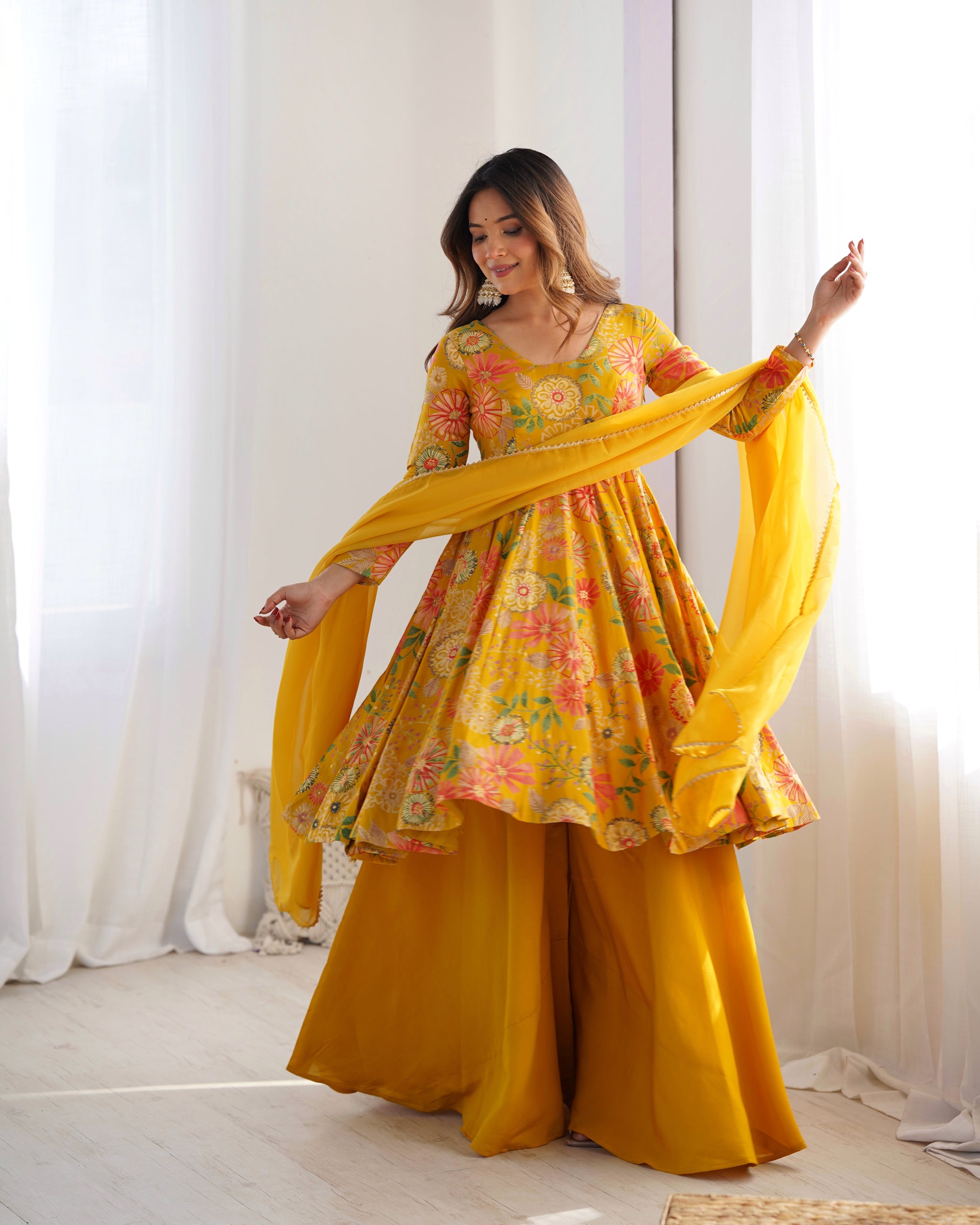 Mustard Color Raman silk Discharge Printed palazzo Suit