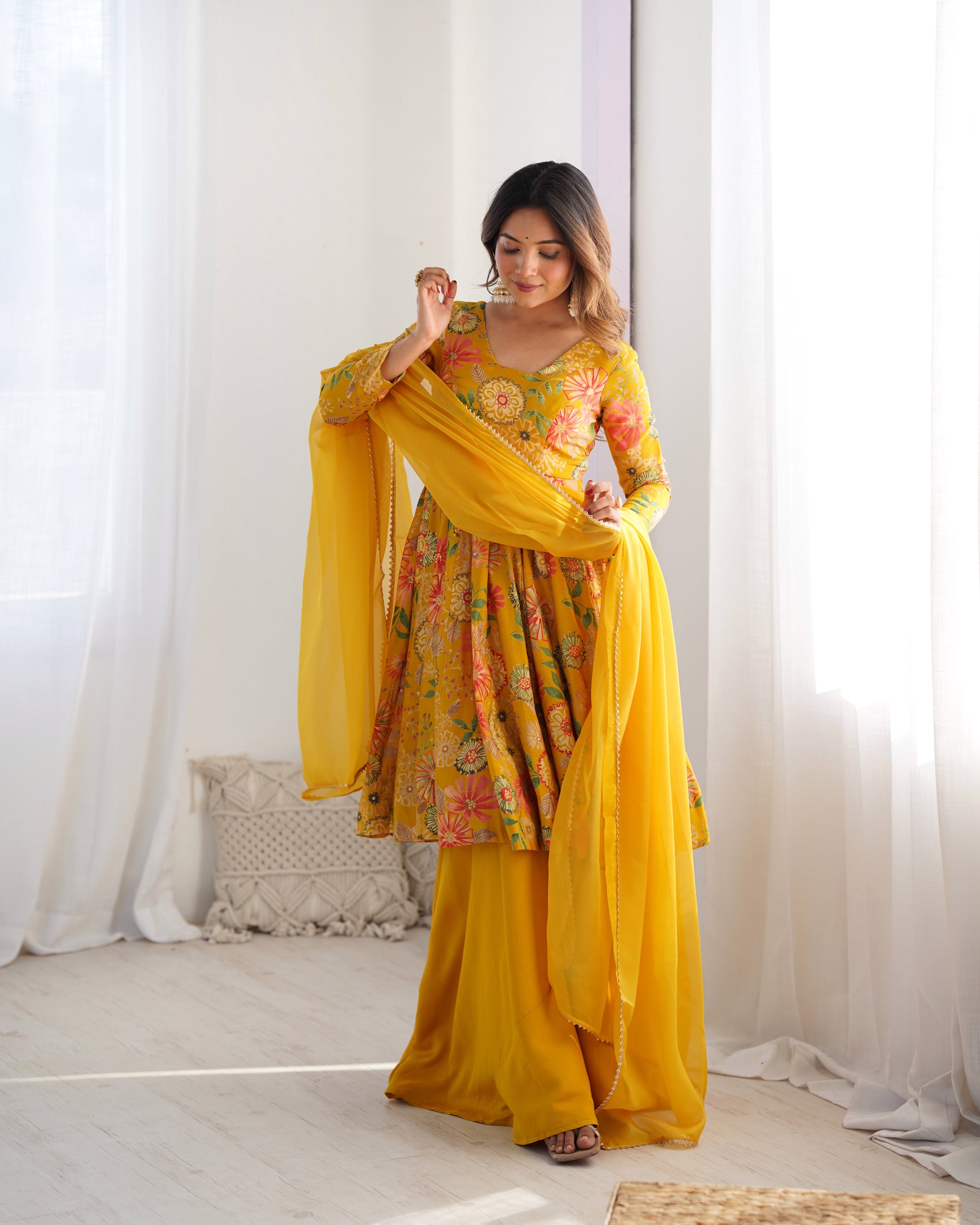 Mustard Color Raman silk Discharge Printed palazzo Suit