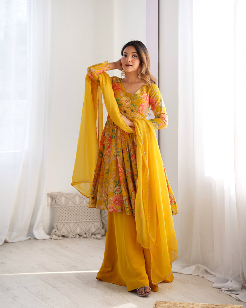 Mustard Color Raman silk Discharge Printed palazzo Suit