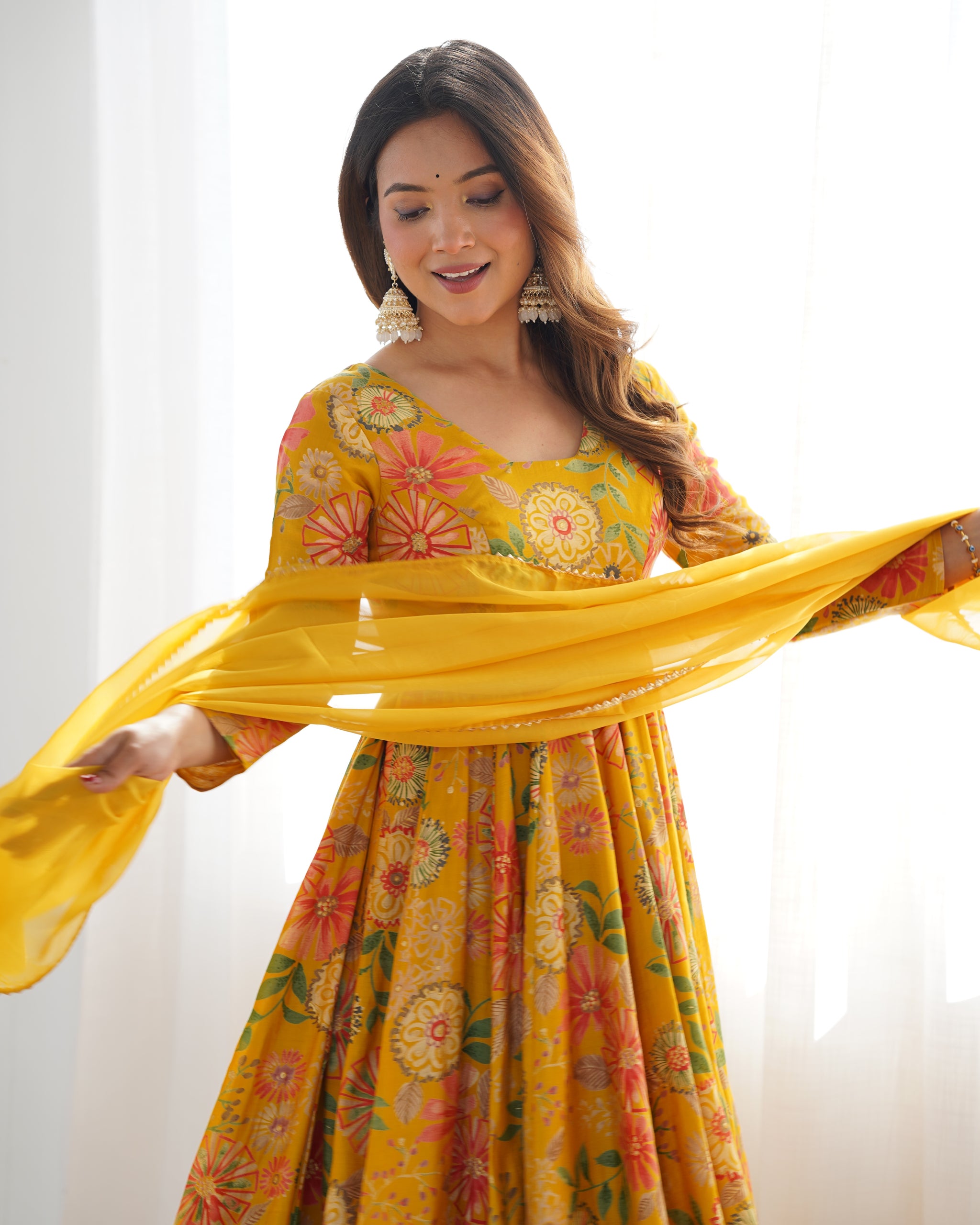 Mustard Color Raman silk Discharge Printed palazzo Suit