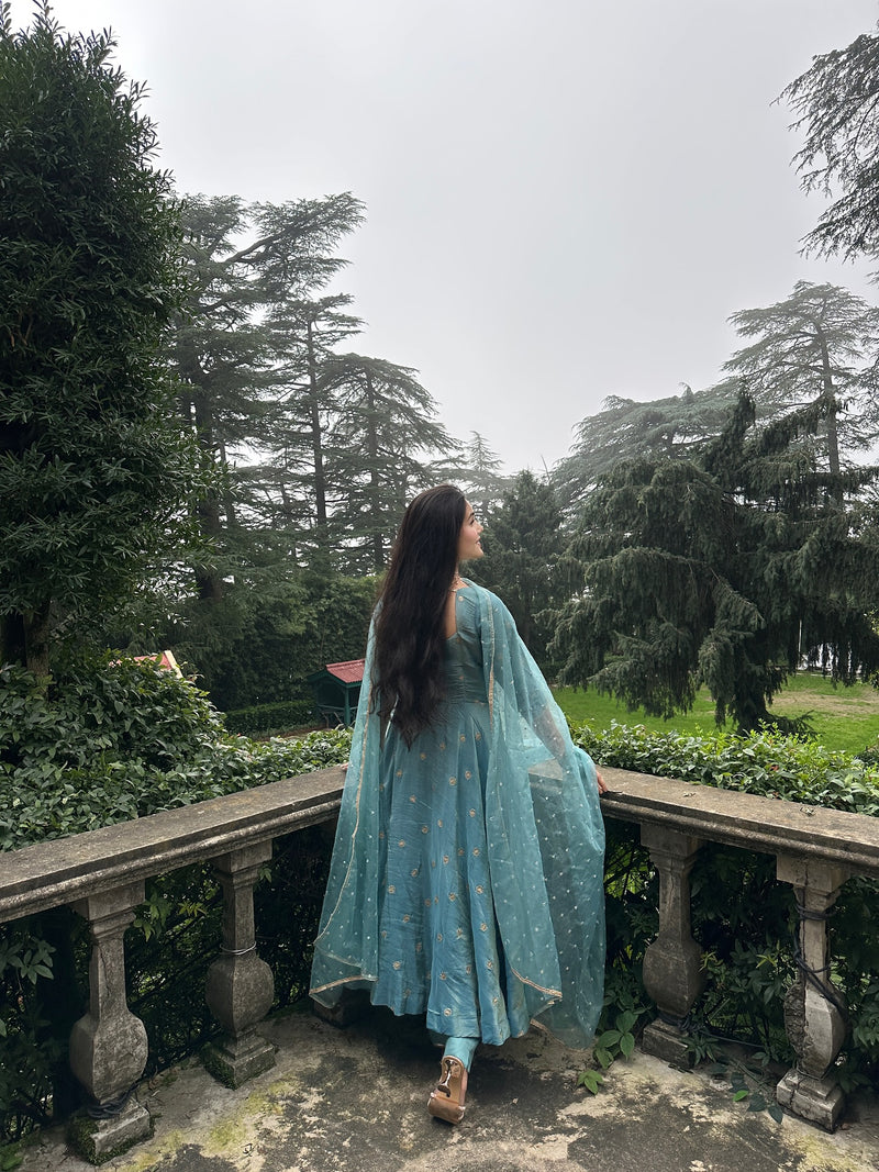 Festive Wear Sky Blue Embroidered Anarkali Suit with Dupatta