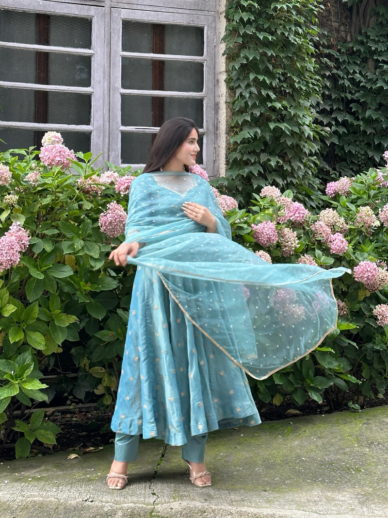 Festive Wear Sky Blue Embroidered Anarkali Suit with Dupatta
