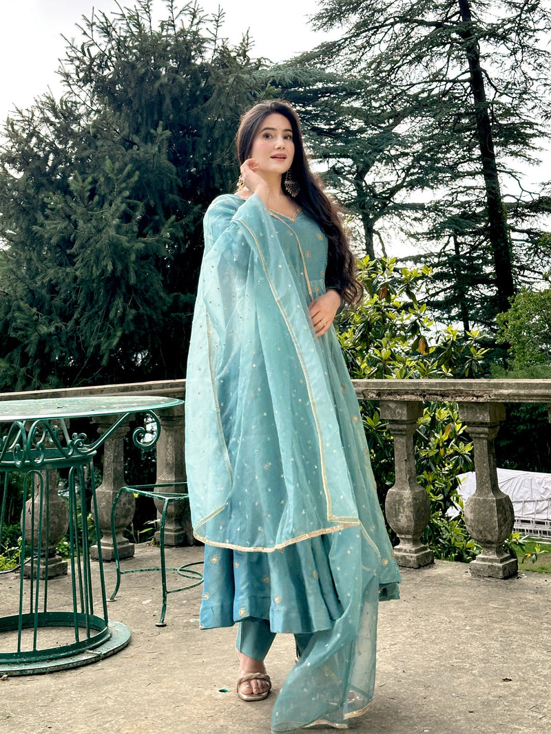 Festive Wear Sky Blue Embroidered Anarkali Suit with Dupatta