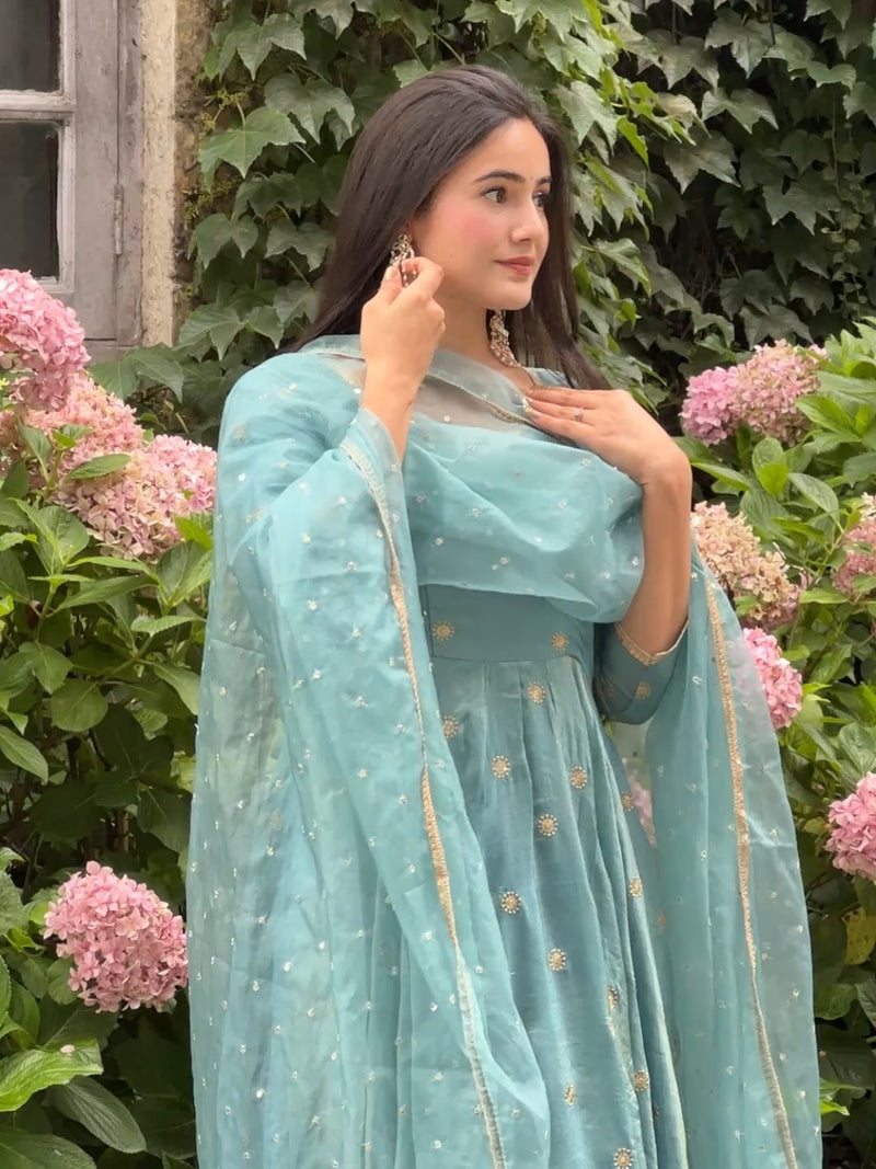 Festive Wear Sky Blue Embroidered Anarkali Suit with Dupatta