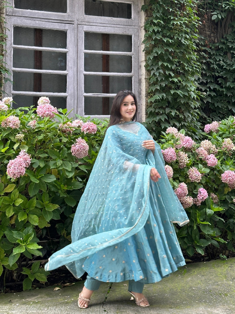 Festive Wear Sky Blue Embroidered Anarkali Suit with Dupatta
