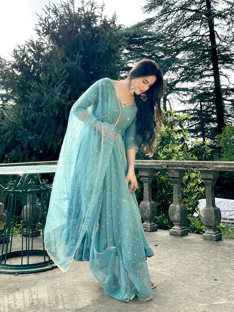 Festive Wear Sky Blue Embroidered Anarkali Suit with Dupatta