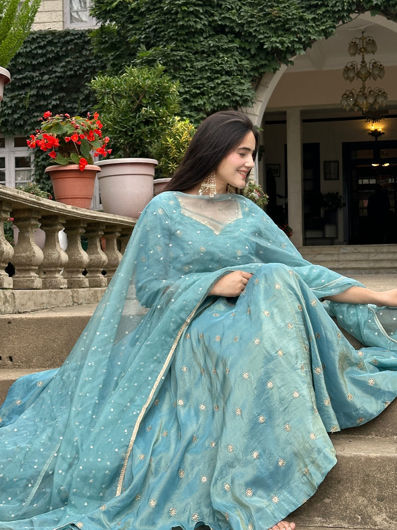 Festive Wear Sky Blue Embroidered Anarkali Suit with Dupatta