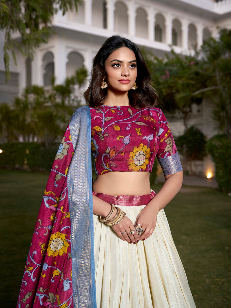 Off-White Color Dola Silk Kalamkari Printed Lehenga Choli