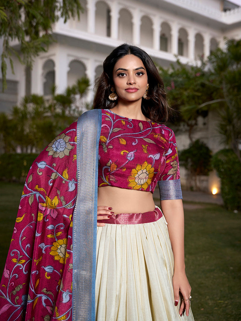 Off-White Color Dola Silk Kalamkari Printed Lehenga Choli