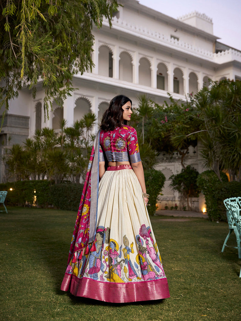 Off-White Color Dola Silk Kalamkari Printed Lehenga Choli