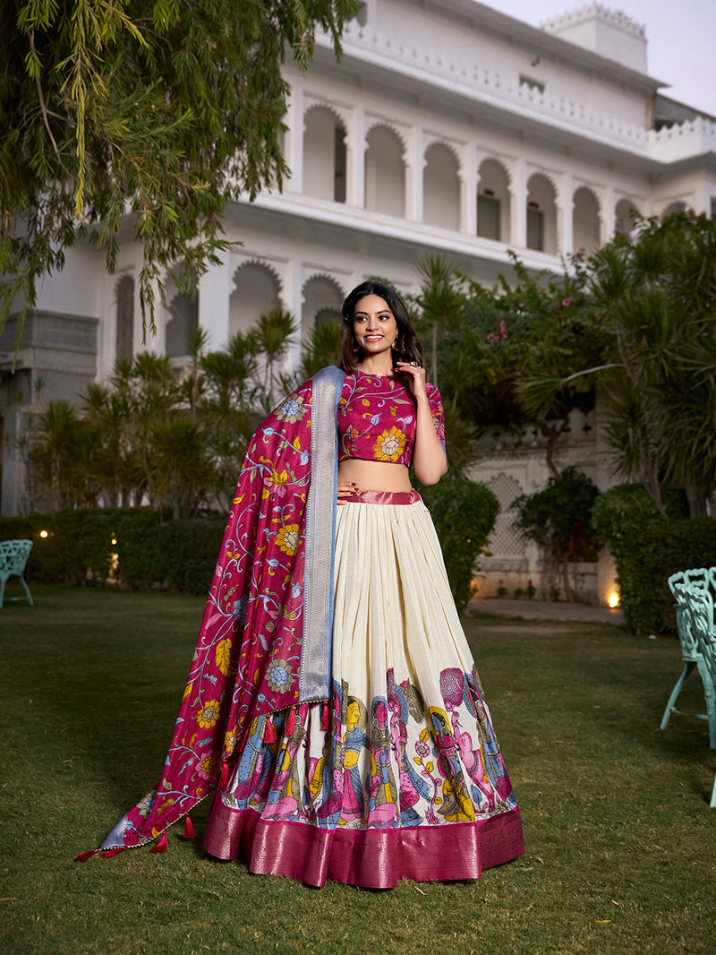 Off-White Color Dola Silk Kalamkari Printed Lehenga Choli