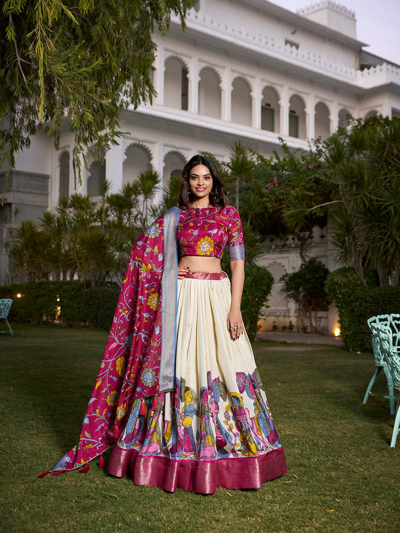 Off-White Color Dola Silk Kalamkari Printed Lehenga Choli