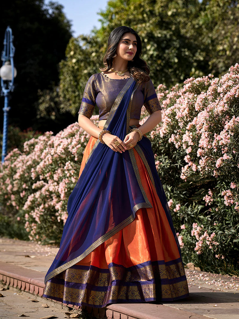 Orange Color Zari Weaving Work Kanchipuram Pattu Lehenga Choli