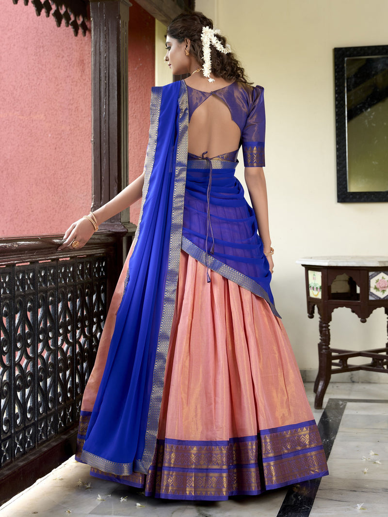 Peach Color Kanchipuram Designer Half Saree Lehenga