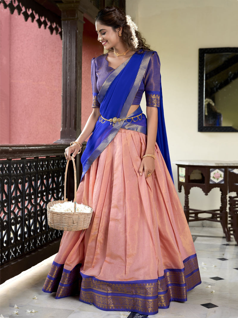 Peach Color Kanchipuram Designer Half Saree Lehenga