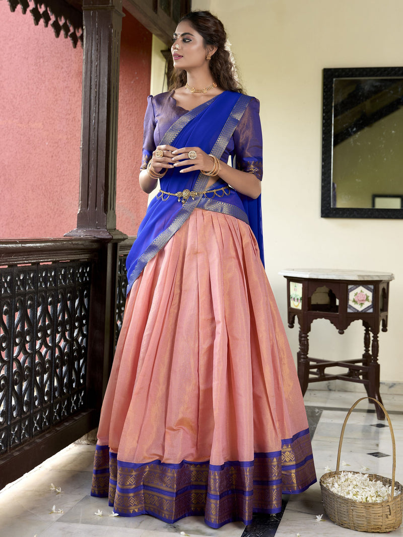 Peach Color Kanchipuram Designer Half Saree Lehenga