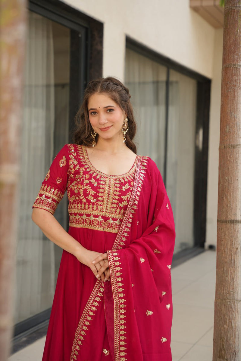 Rani Pink Color Vichitra Silk Embroidered Gown