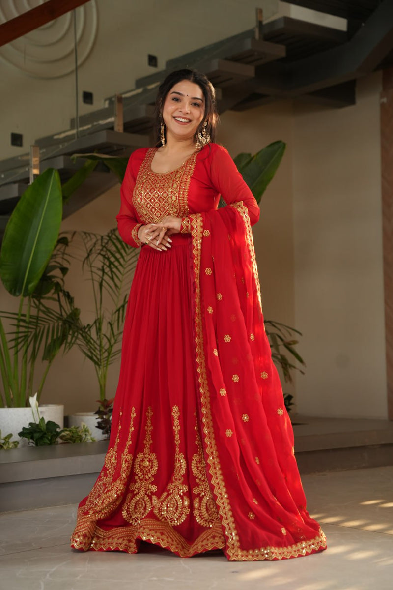 Red Color Faux Blooming Embroidered Gown