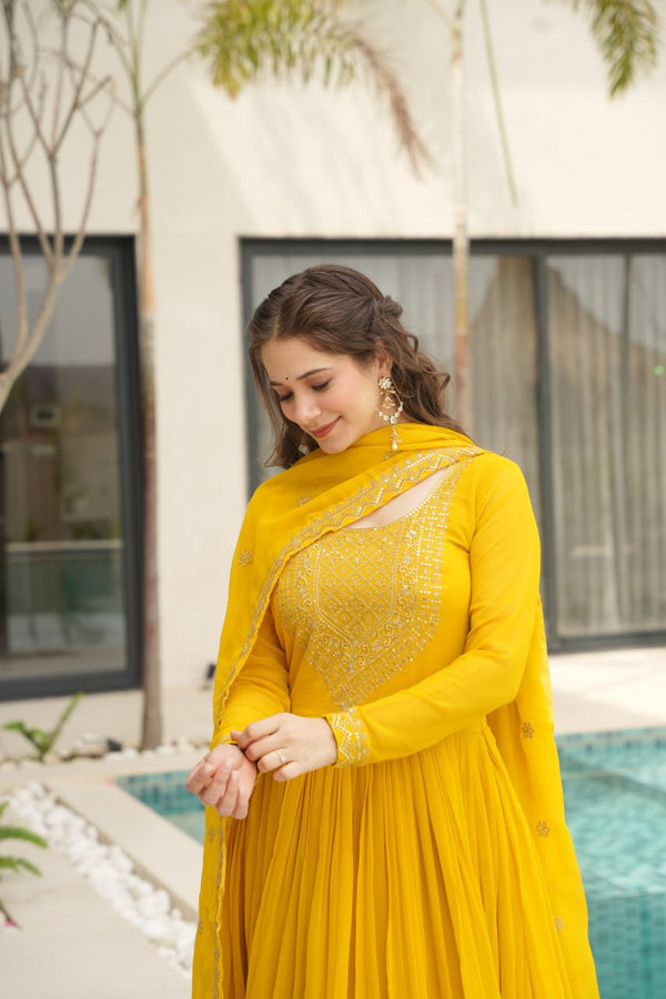 Yellow Color Faux Blooming Embroidered Gown
