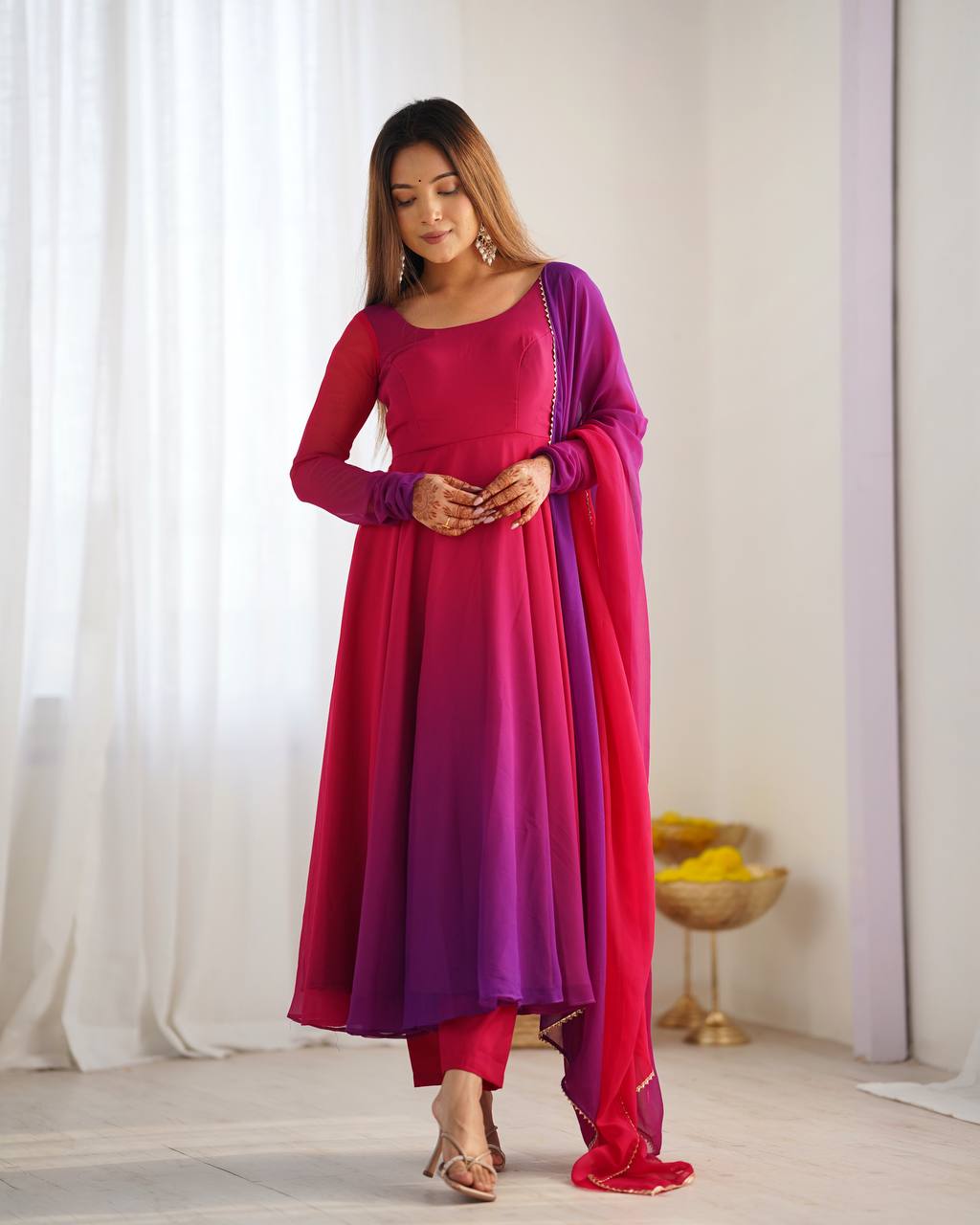 Onion Pink Color Georgette Three Piece Anarkali Suit