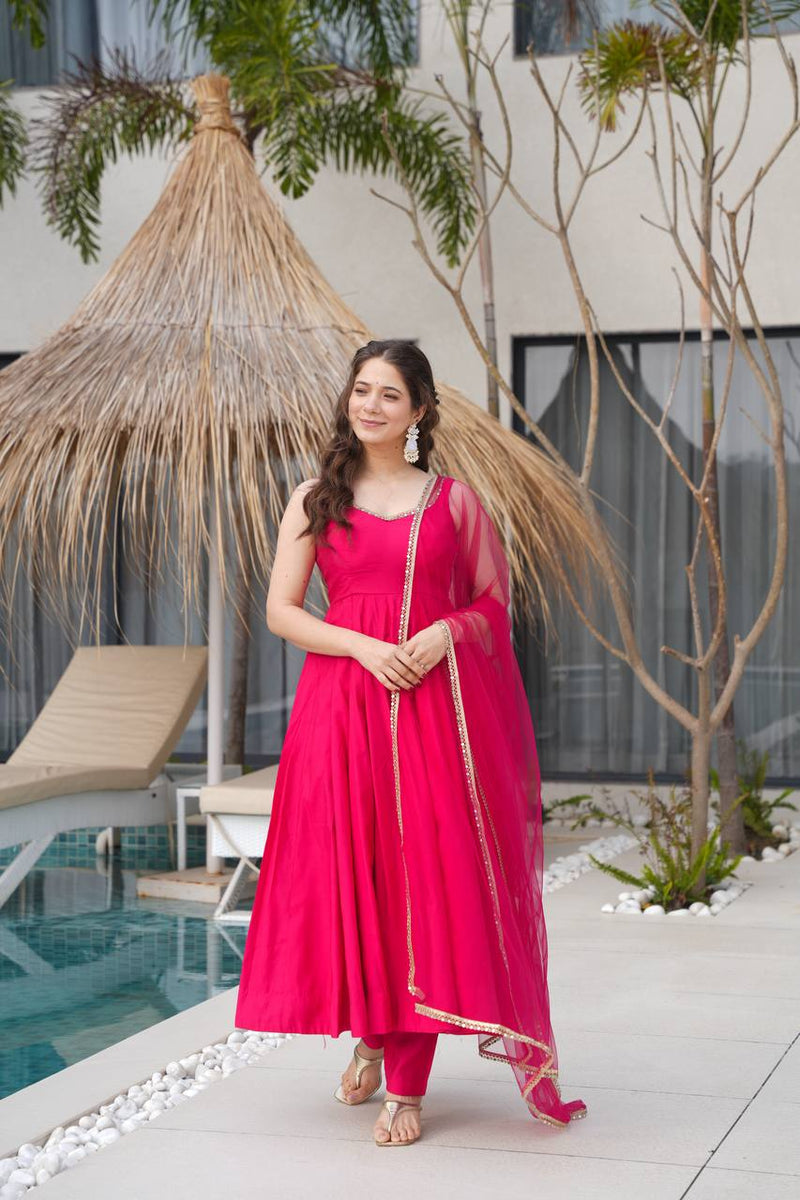 Rani Pink Color Chanderi Pure Roman Silk Anarkali Suit