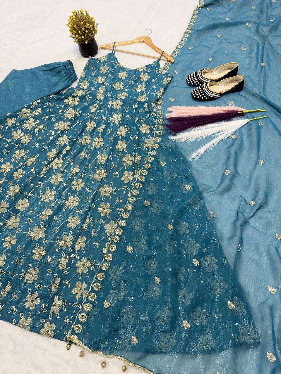 Teal Blue Floral Sequin Embroidered Sleeveless Anarkali Suit with Dupatta
